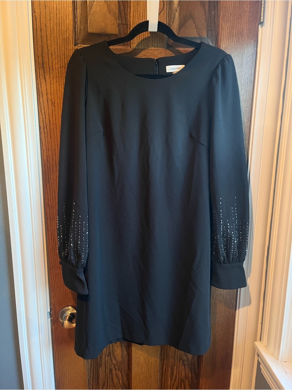 Calvin Klein Black Long Sleeve Shift Dress with Beaded Sleeve Detail